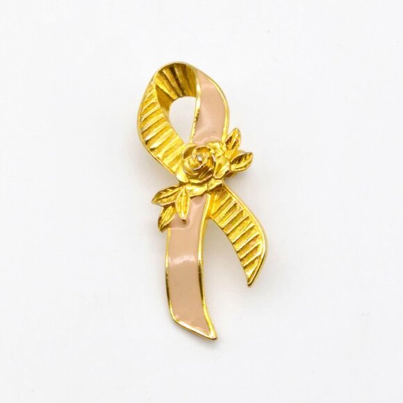 Large Avon Breast Cancer Ribbon Pin, Vintage Rose and Pink Enamel Awareness Tie - Picture 2 of 3